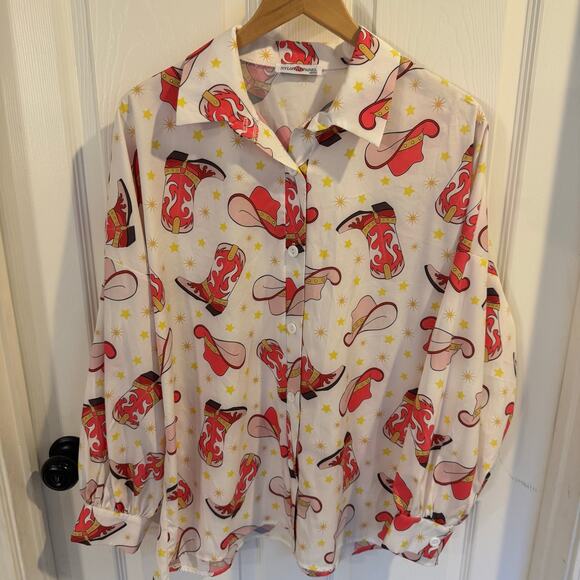 Vintage Nylon Apparel Shirt Womens Medium White/Pink Western Boot Button Up 90s - Picture 1 of 8